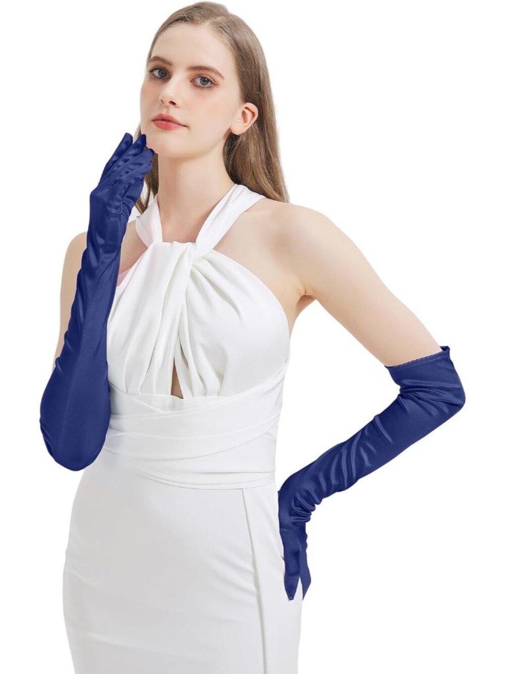 Women's Navy Blue Satin Opera Elbow Length 1920s Flapper Long Gloves Party - Picture 6 of 7